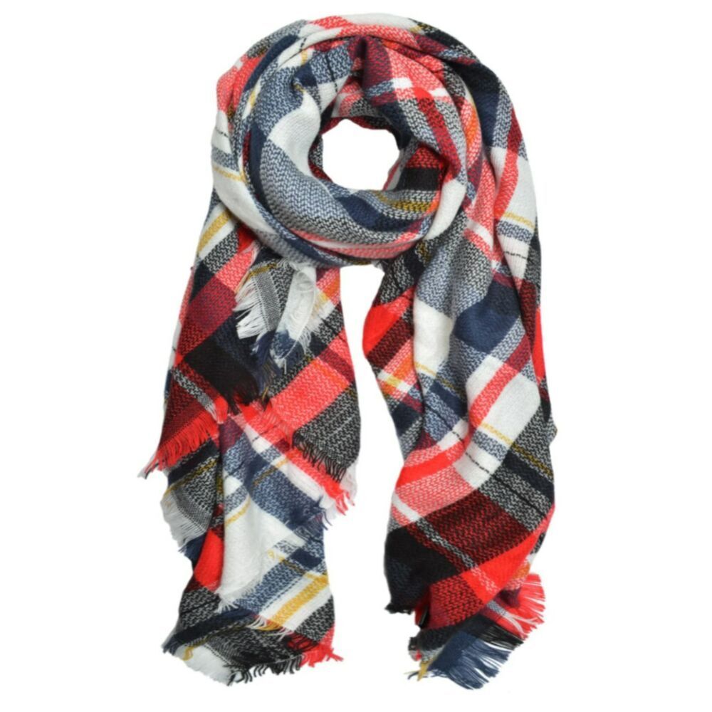 Plaid Checked Square Blanket Scarf Shawl Wrap Red White Blue Yellow